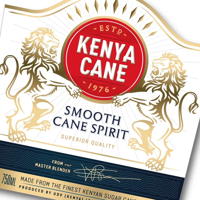 Kenya Cane smooth cane spirit label with two lions and red emblem