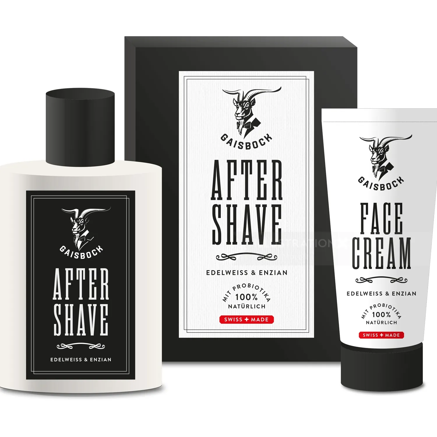After shave bottle and face cream tube with black and white alpine design