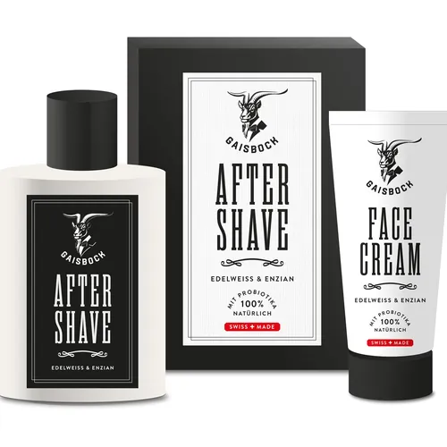 After shave bottle and face cream tube with black and white alpine design