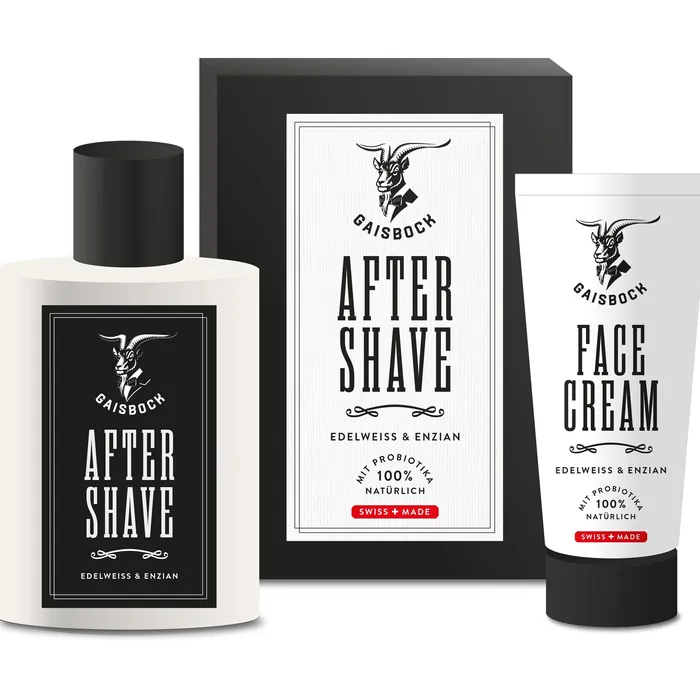 After shave bottle and face cream tube with black and white alpine design