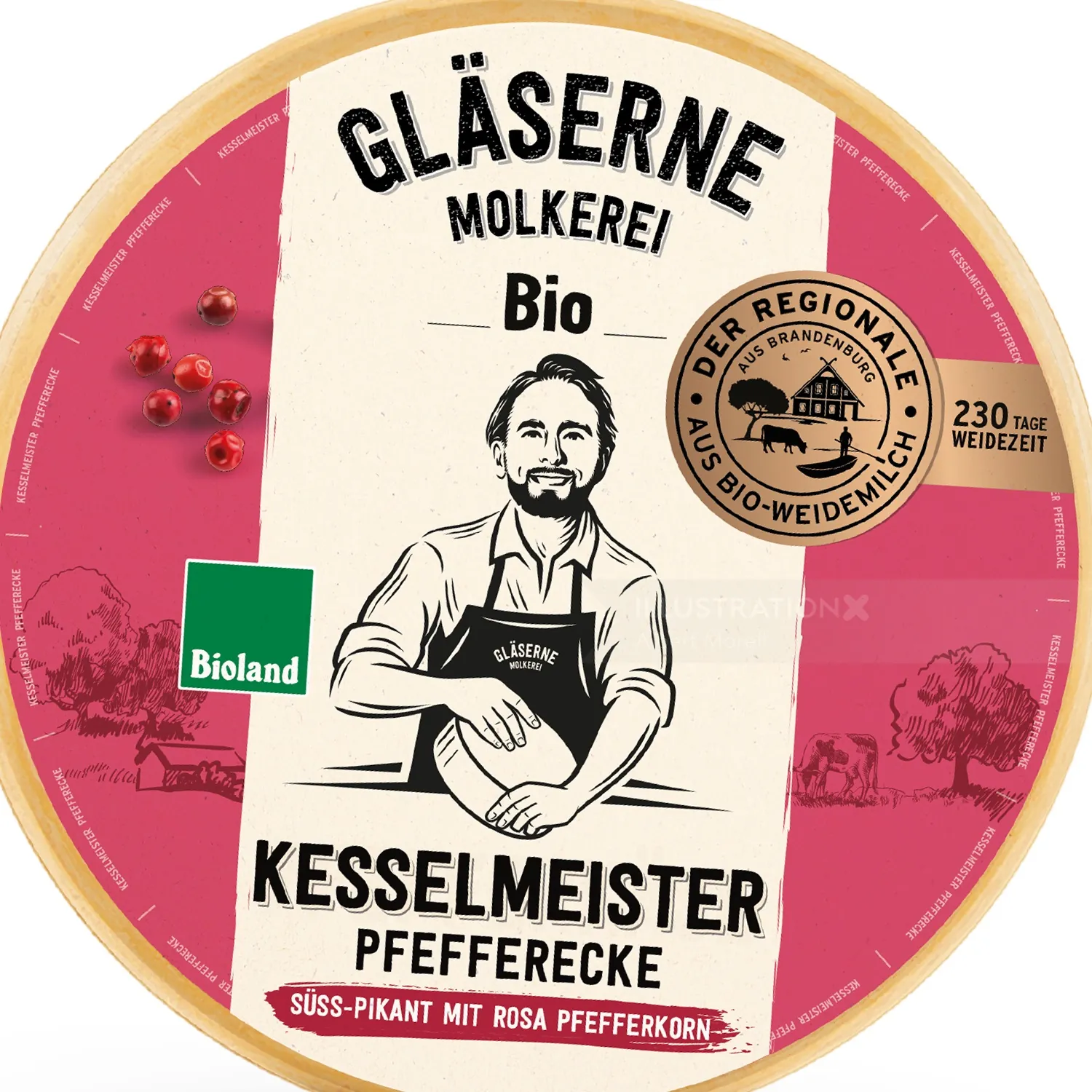 Label for Gläserne Molkerei Bio Kesselmeister pepper cheese with regional seal