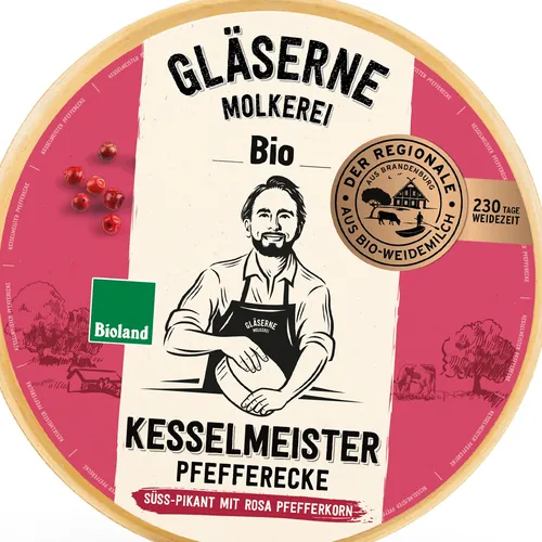 Label for Gläserne Molkerei Bio Kesselmeister pepper cheese with regional seal