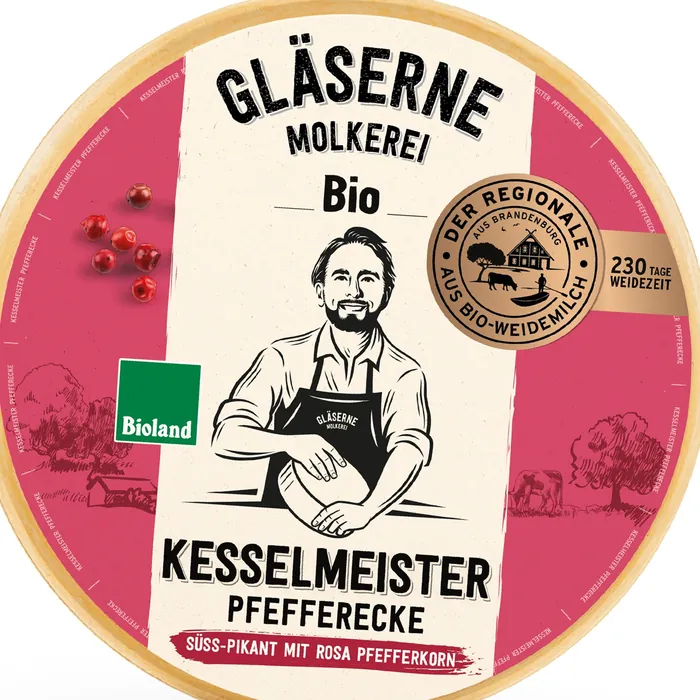 Label for Gläserne Molkerei Bio Kesselmeister pepper cheese with regional seal