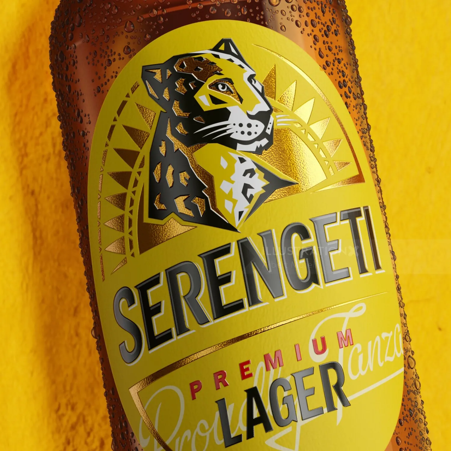 Serengeti Premium Lager beer bottle label with leopard illustration