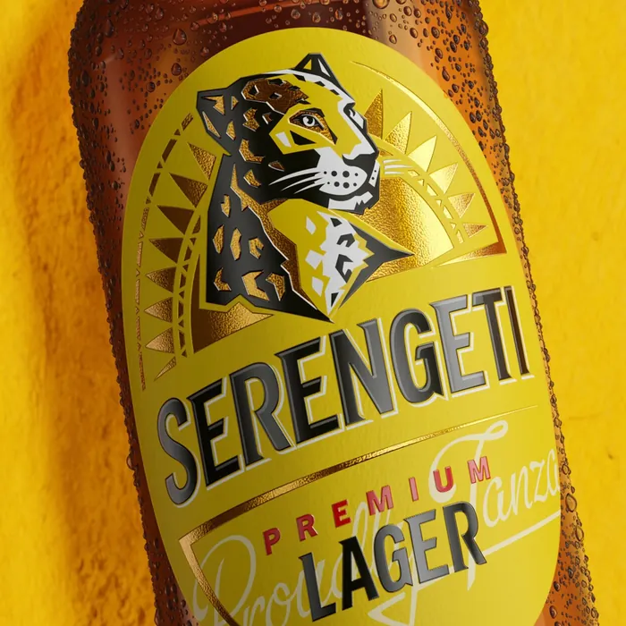 Serengeti Premium Lager beer bottle label with leopard illustration