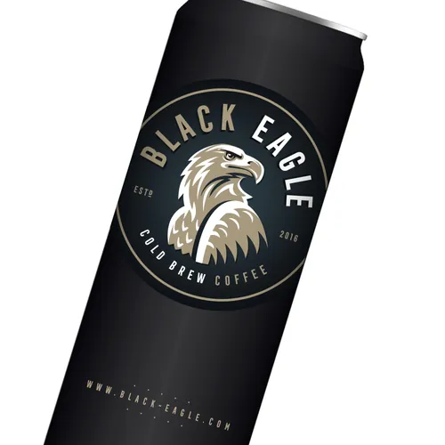Black Eagle cold brew coffee can with eagle logo on black background