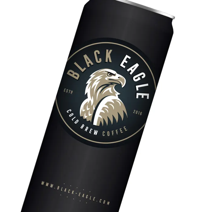 Black Eagle cold brew coffee can with eagle logo on black background