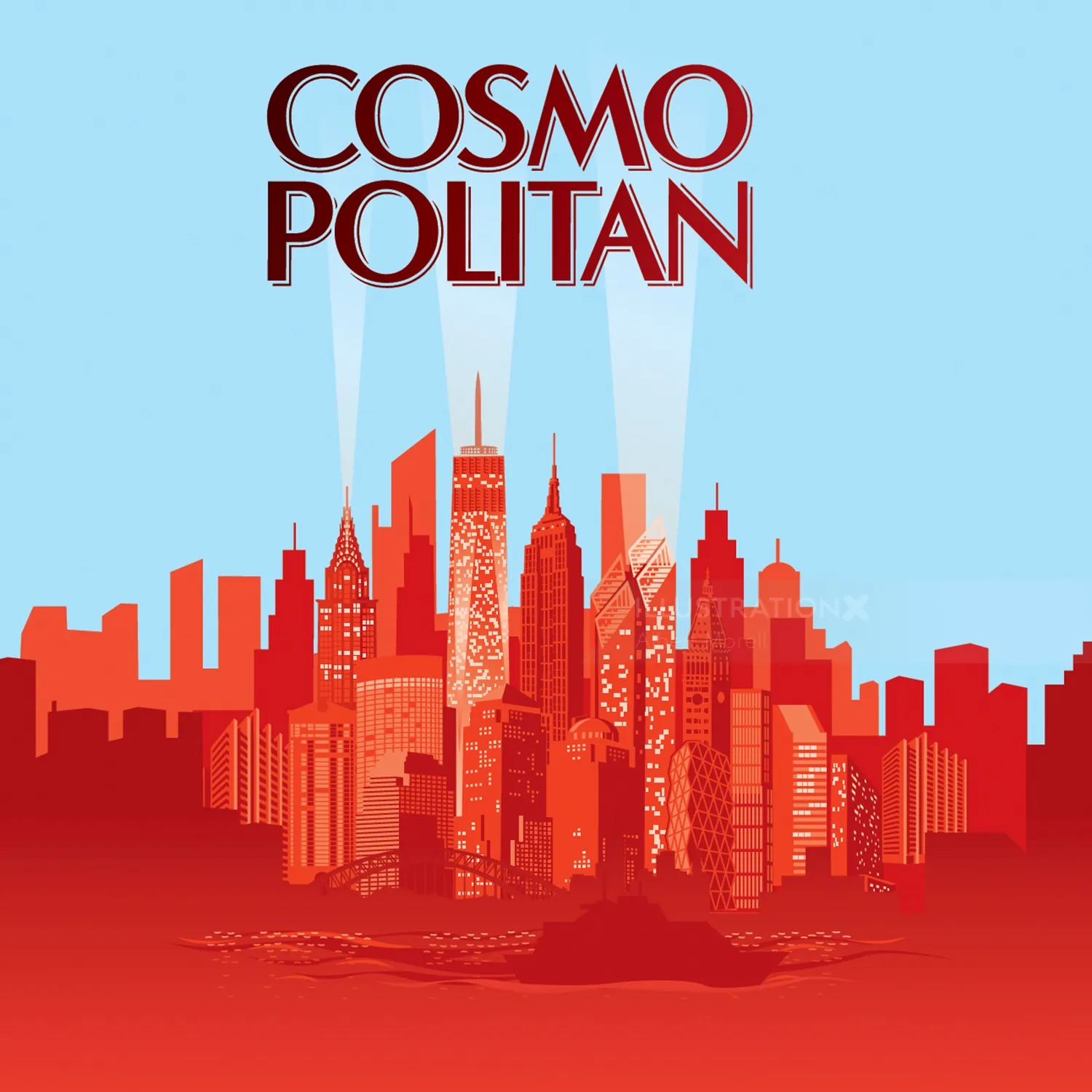 Red city skyline illustration with Cosmopolitan text