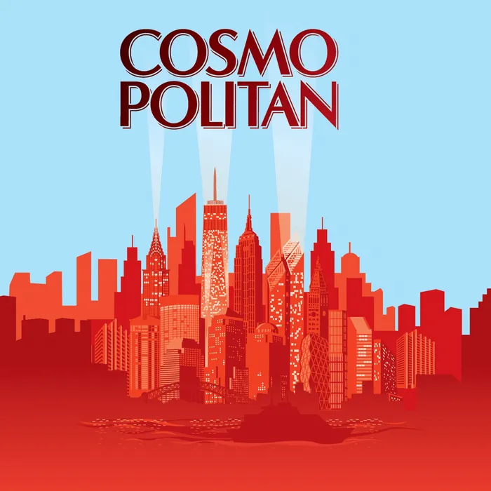 Red city skyline illustration with Cosmopolitan text