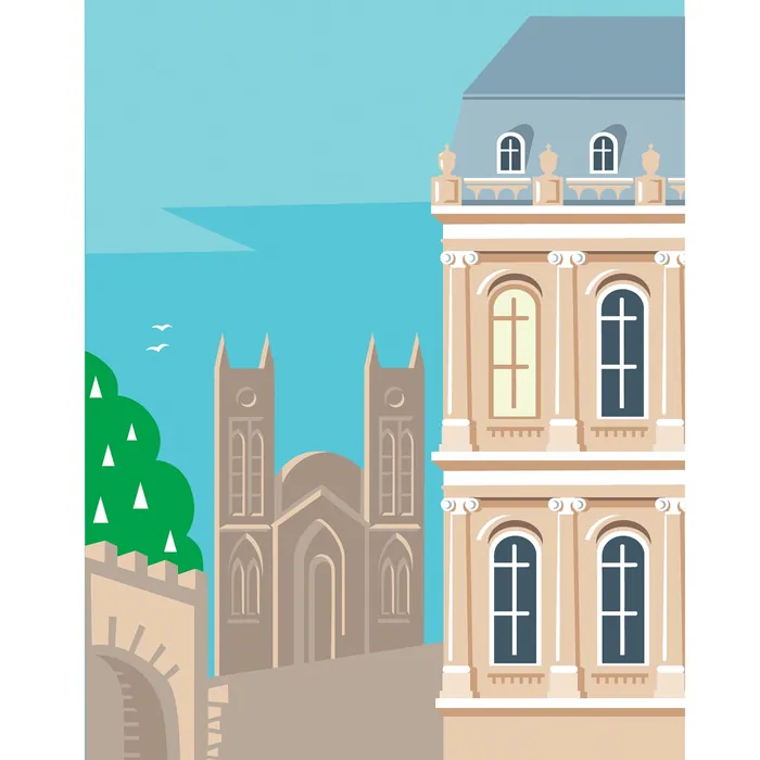 Classic building facade with cathedral and trees in background