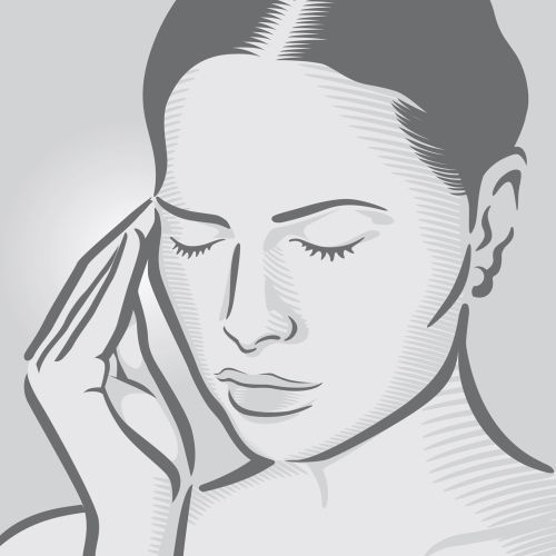 Black and white drawing of a woman touching her temple with her eyes closed