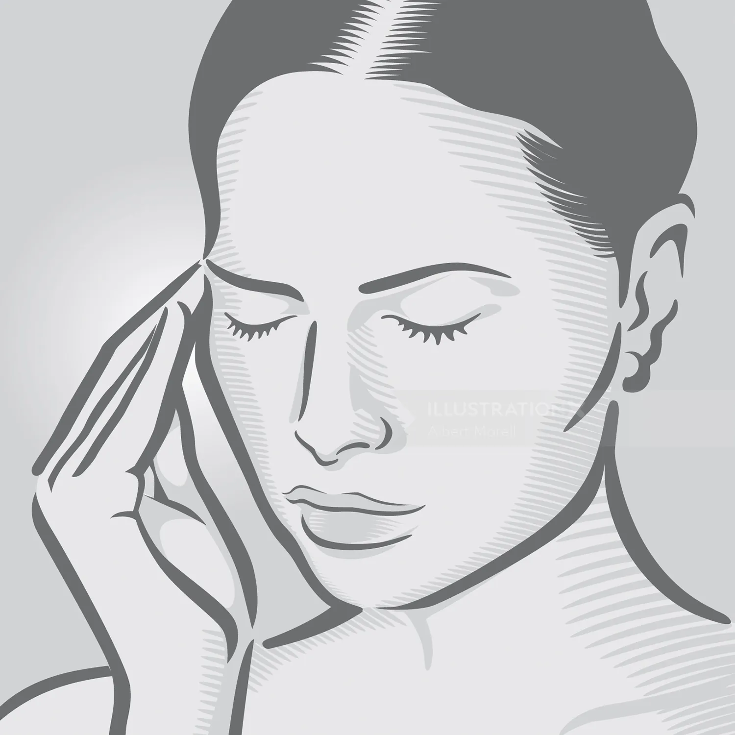 Black and white drawing of a woman touching her temple with her eyes closed