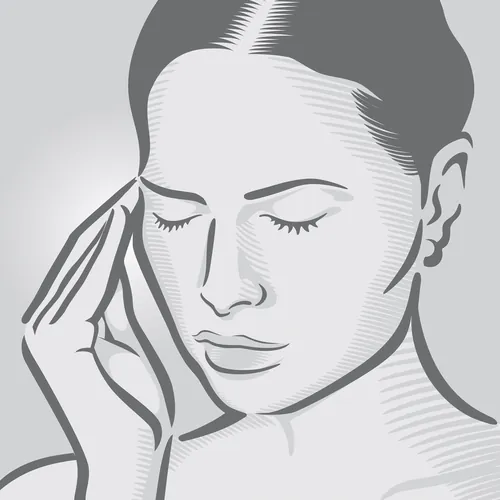 Black and white drawing of a woman touching her temple with her eyes closed