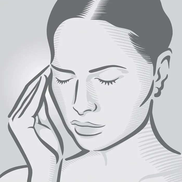 Black and white drawing of a woman touching her temple with her eyes closed