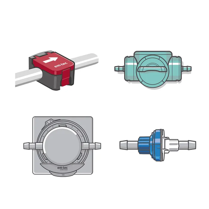 Four different types of inline water flow meters and sensors