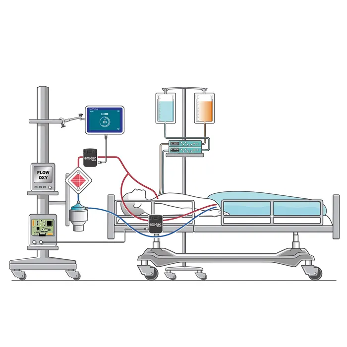 Hospital bed surrounded by medical equipment and infusion pumps