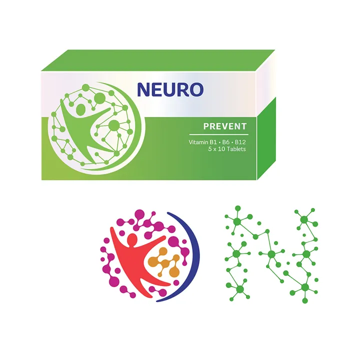 Neuro Prevent vitamin supplement box with molecular graphic design