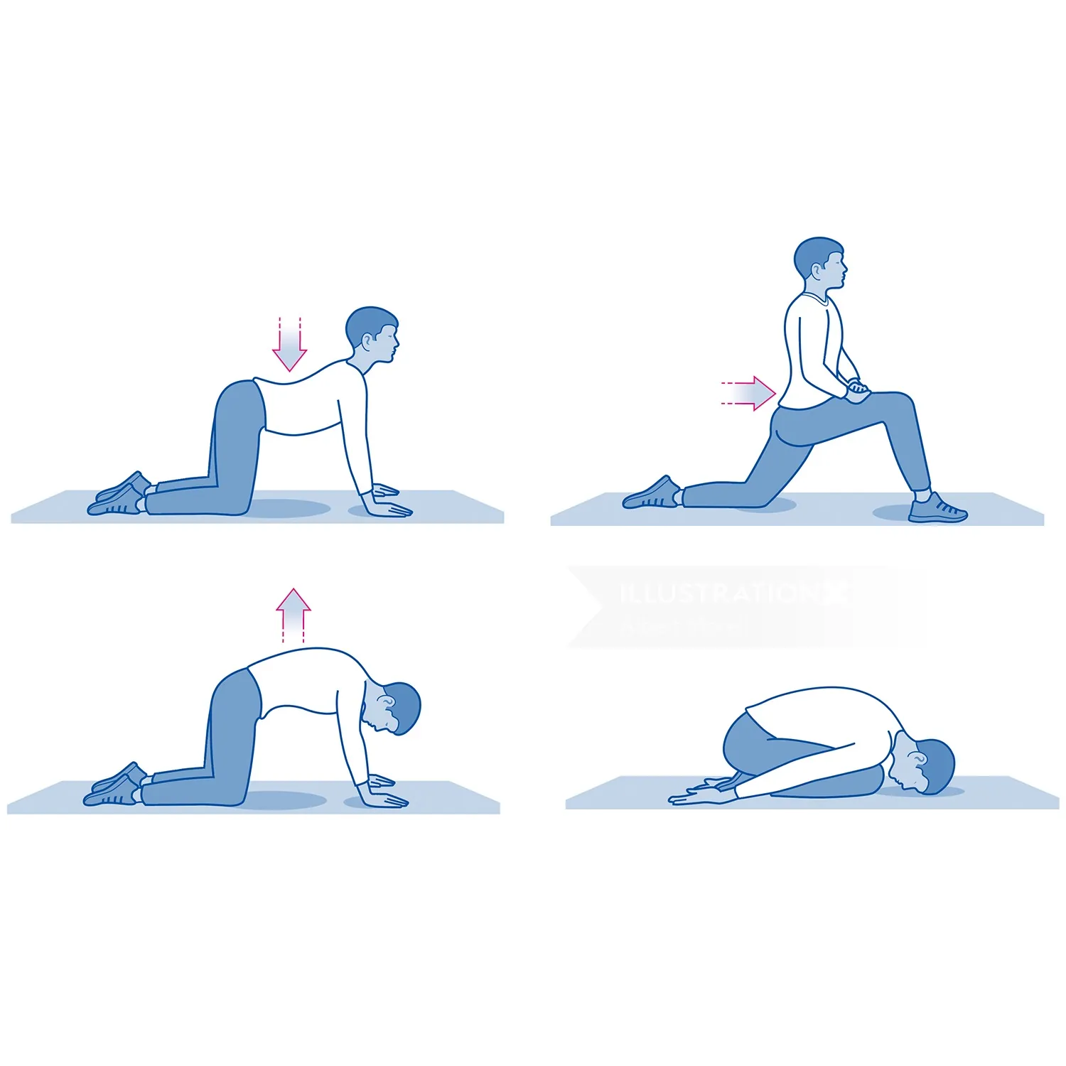 Person demonstrating four yoga stretches on knees and floor