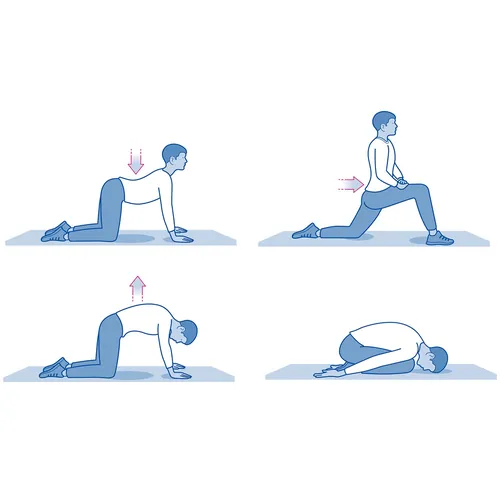 Person demonstrating four yoga stretches on knees and floor