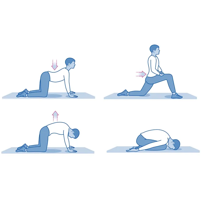 Person demonstrating four yoga stretches on knees and floor