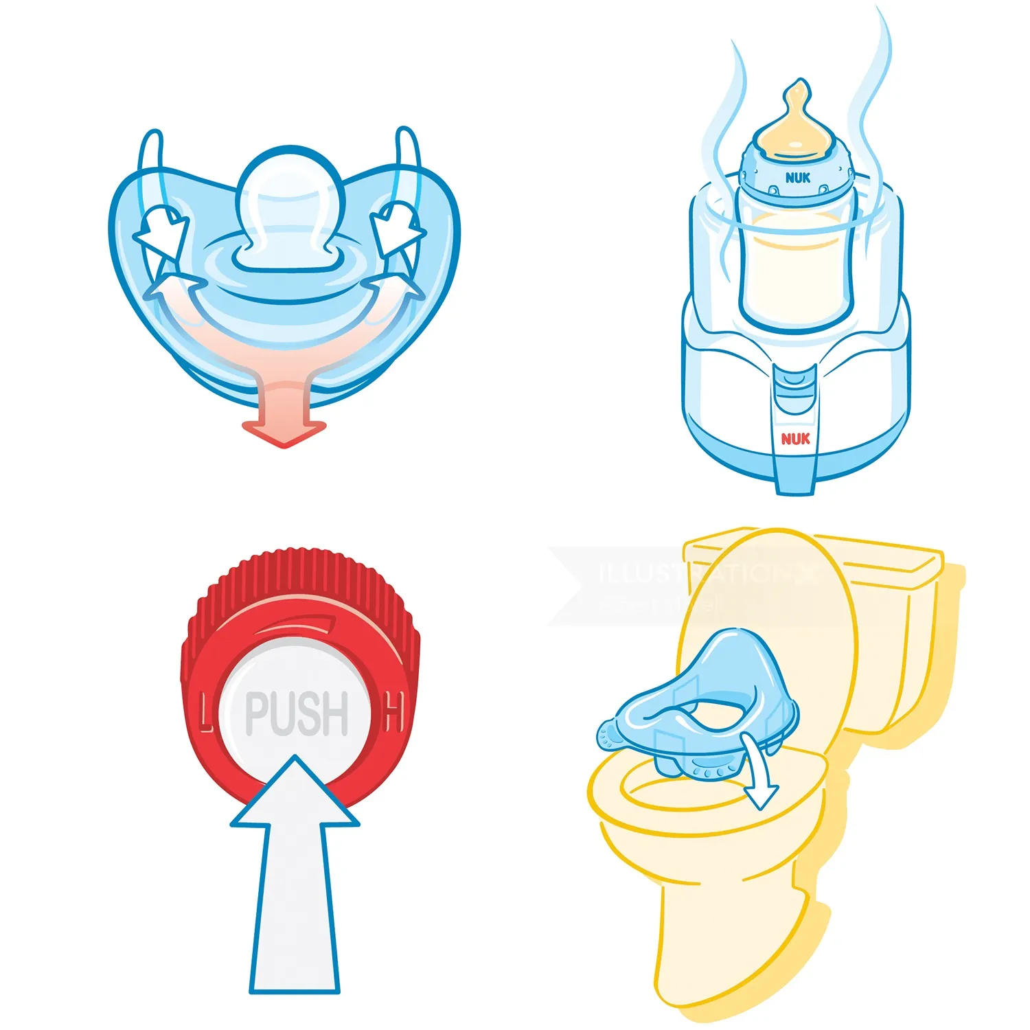 Illustration showing baby bottle sterilizing and cleaning steps