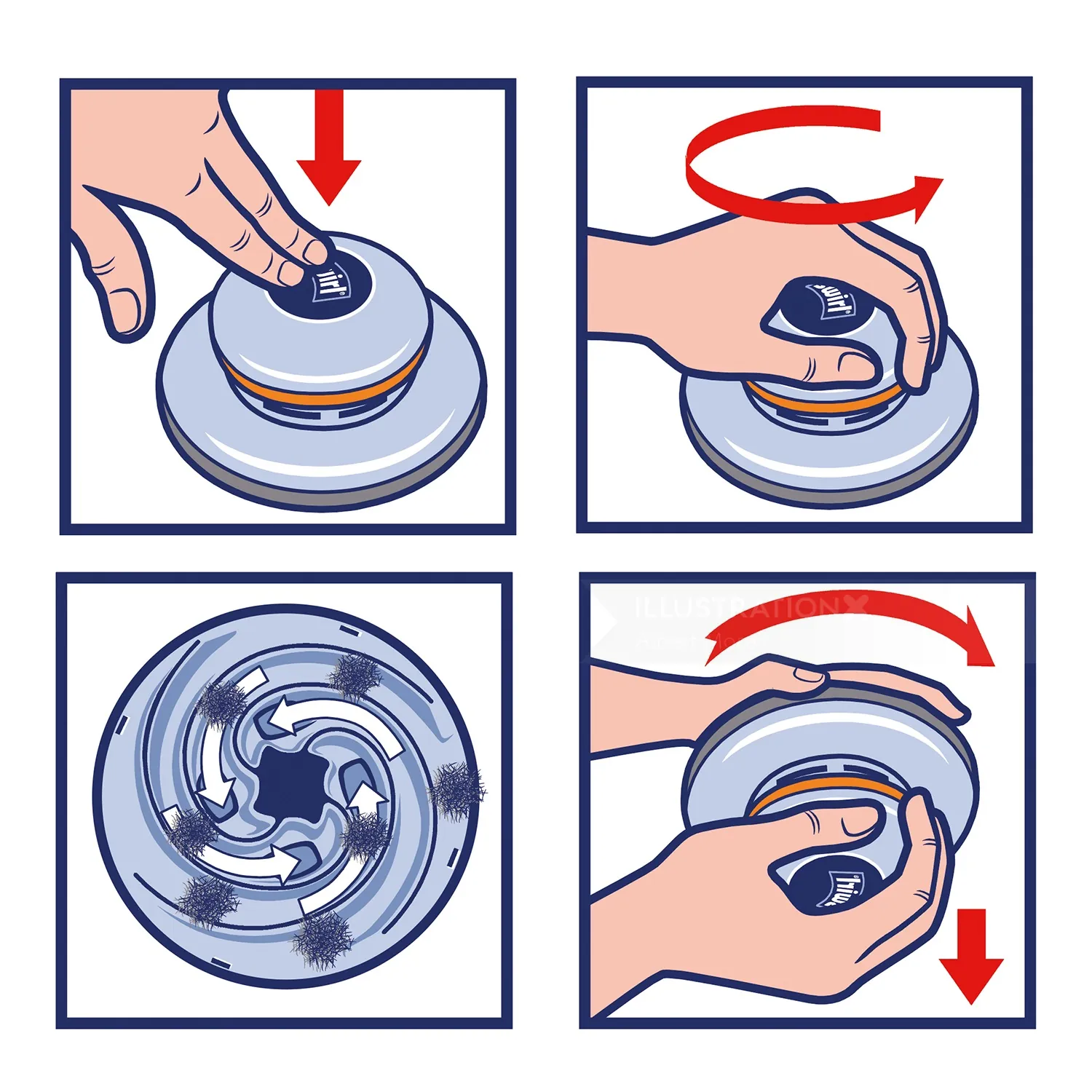 Hands pressing and twisting a round container lid to open it.