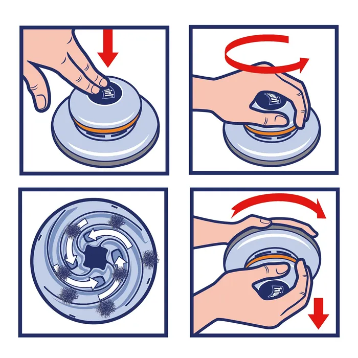 Hands pressing and twisting a round container lid to open it.