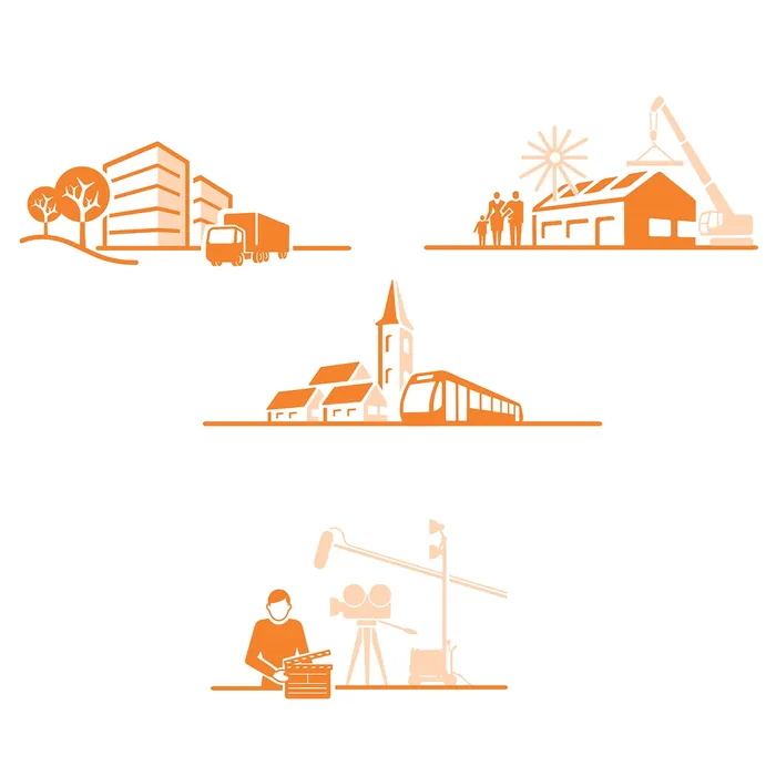 Orange icons of buildings, factory, church, and film production scenes
