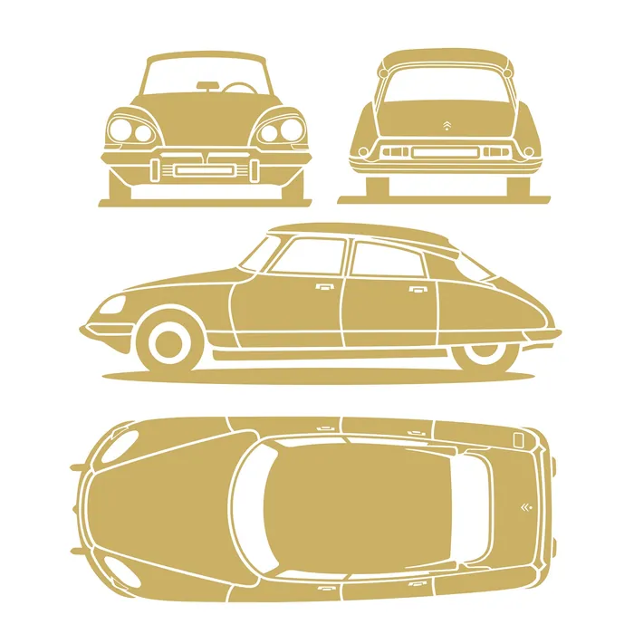 Blueprint illustration of a vintage car from multiple angles