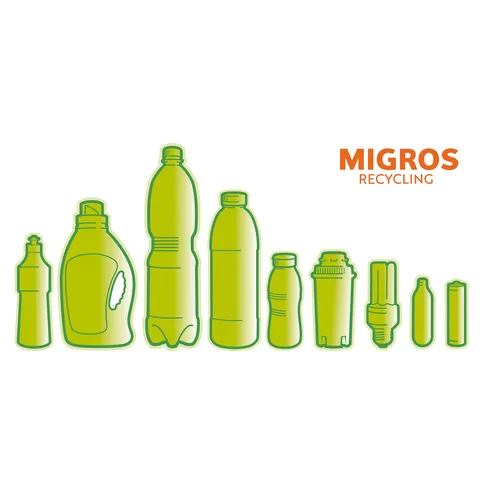 Green outlined plastic bottles and containers for recycling