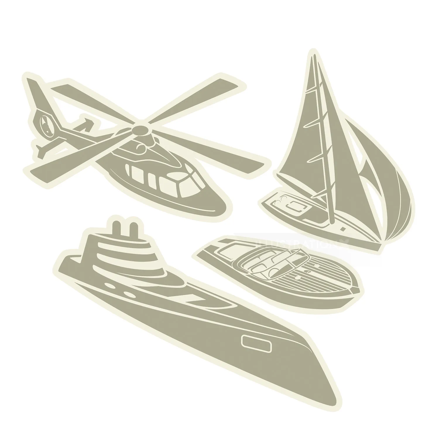 Illustrated helicopter, sailboat, motorboat, and submarine icons