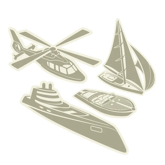 Illustrated helicopter, sailboat, motorboat, and submarine icons