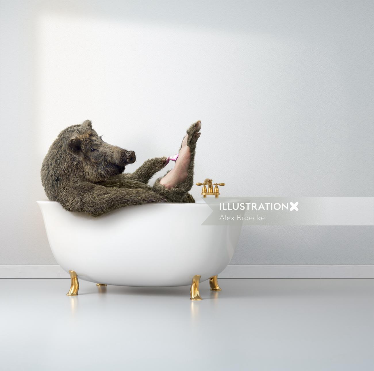 Illustration graphique du cochon dans la baignoire