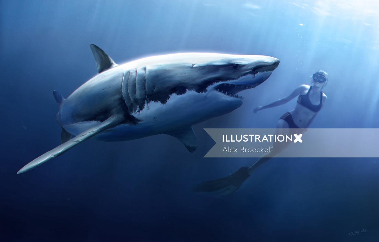 Una ilustración de mujer buceando con tiburón blanco