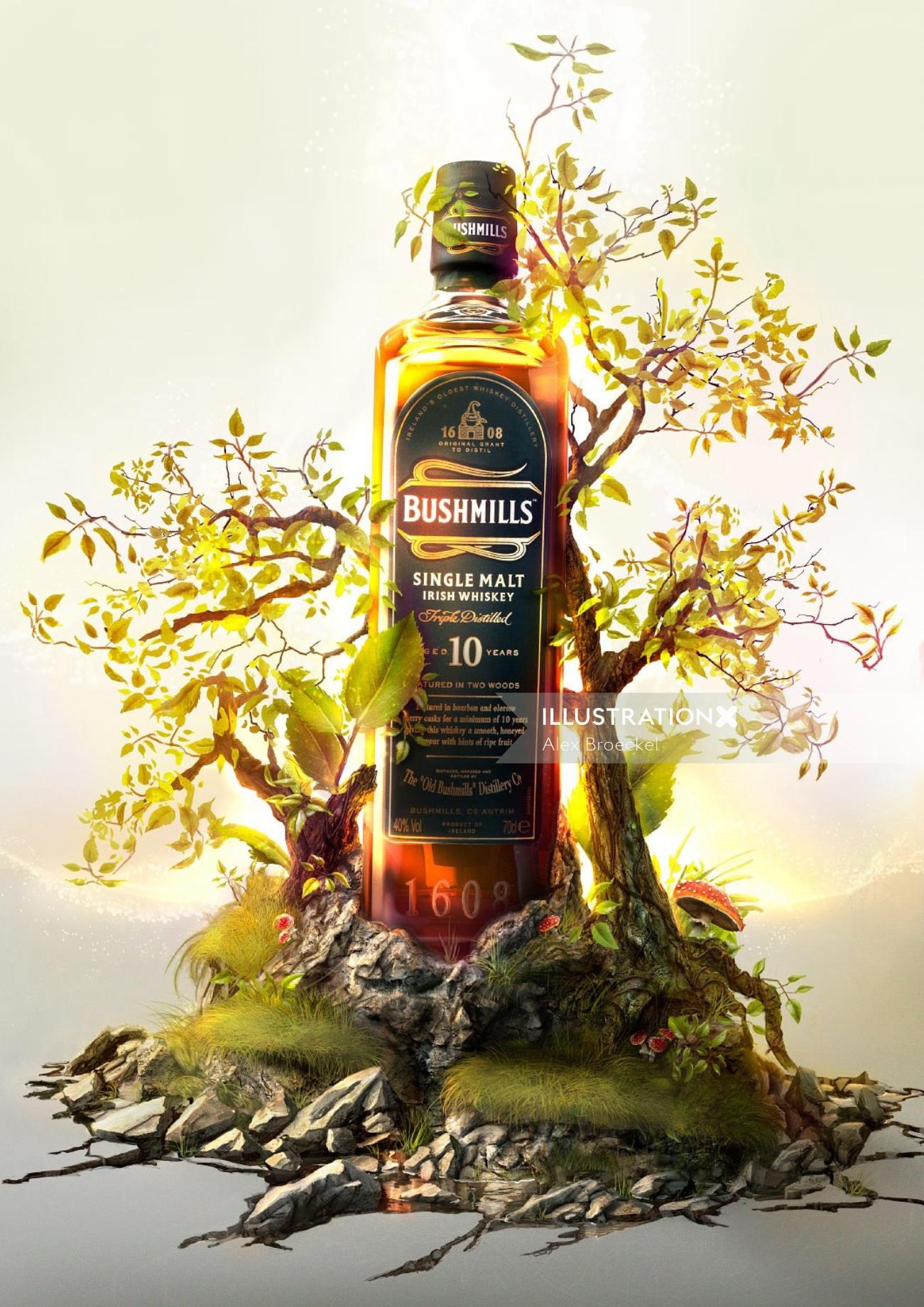 Ilustración 3D CGI para whisky Bushmills