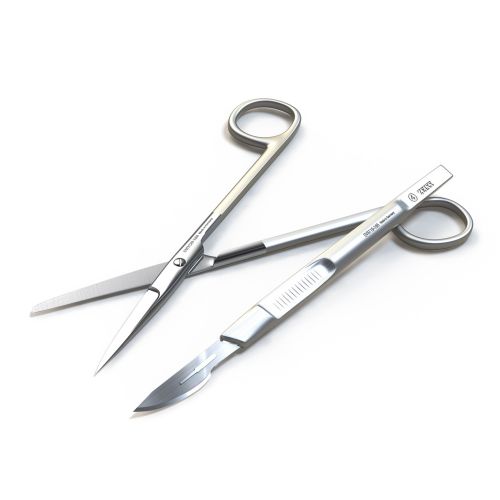 An illustration of medical scissors and knife