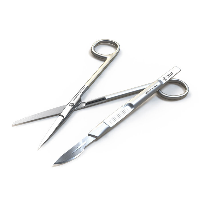 An illustration of medical scissors and knife