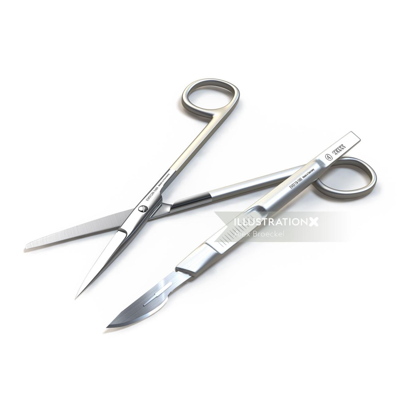 Une illustration de ciseaux médicaux et couteau