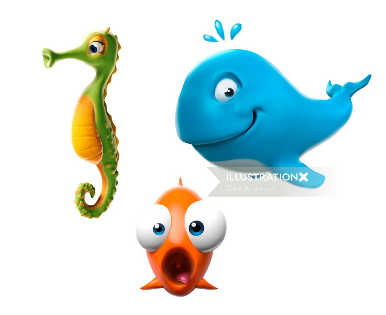 Diseño de personajes 3d de animales acuáticos.