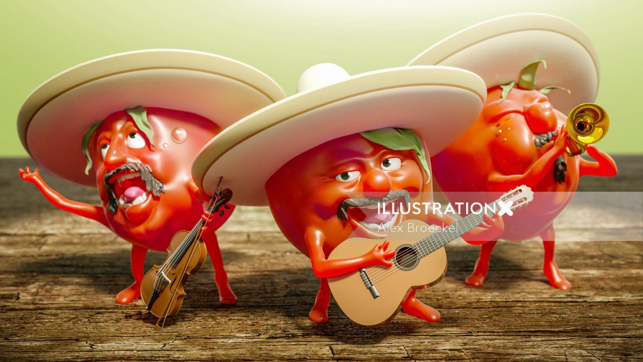 Tomates 3D jouant des instruments de musique