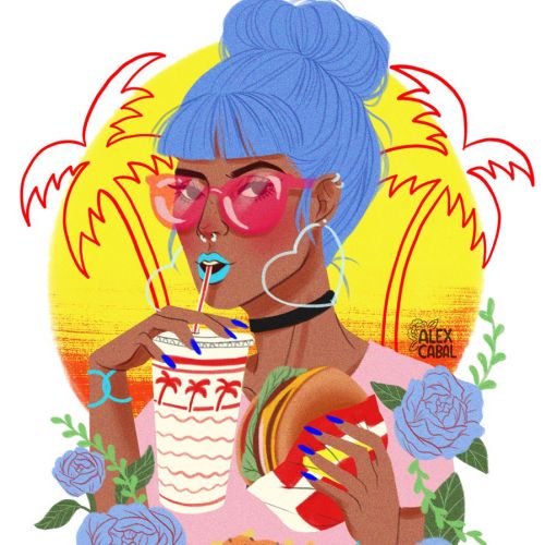 Digital Painting of a Girl with coldrink & Burger