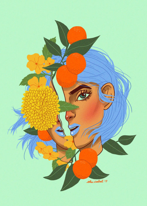 Oeuvre d&#39;orange fille avec des feuilles