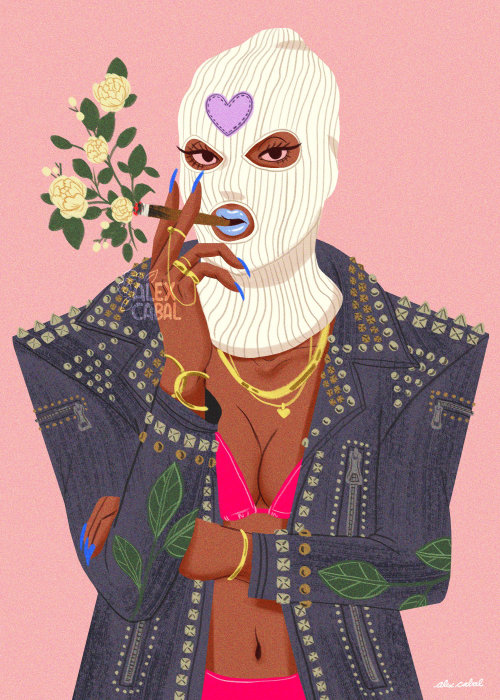 Artwork of a lady wearing skimask with smoking weed