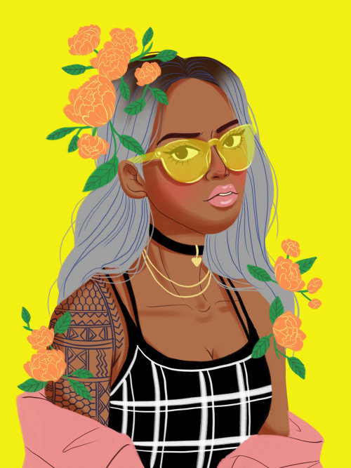 illustration of floral Girl with yellow glasses