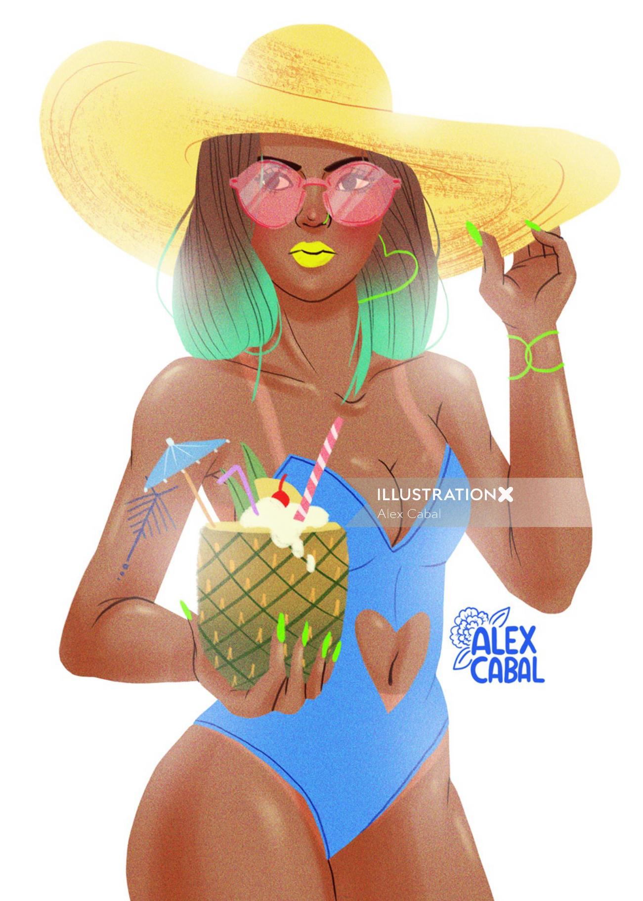 illustration of swimsuit girl with pina colada