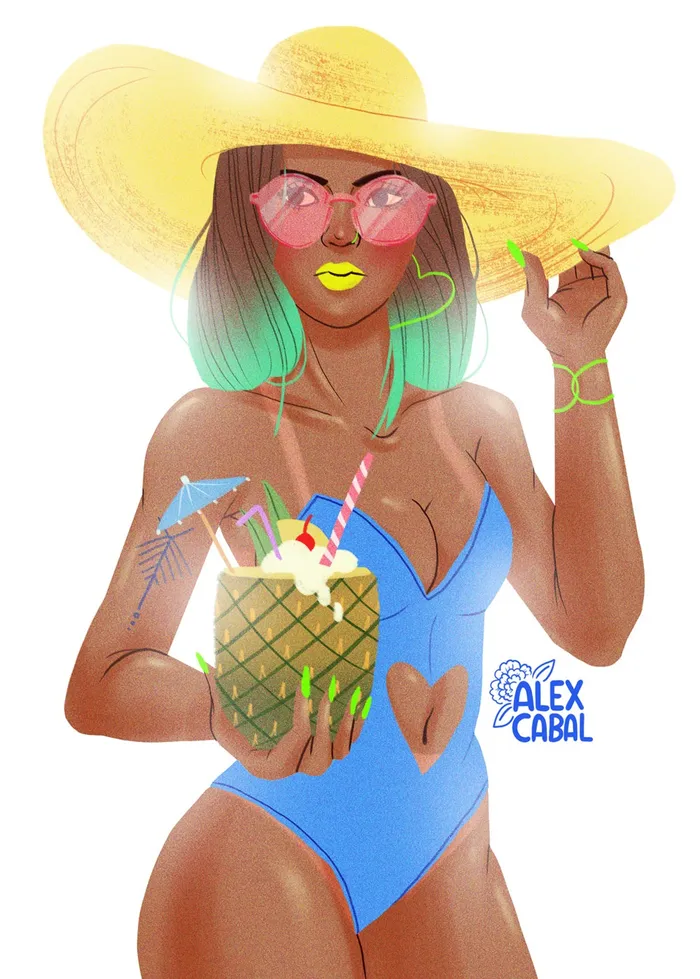 illustration of swimsuit girl with pina colada