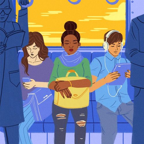 Editorial illustration of people in bus
