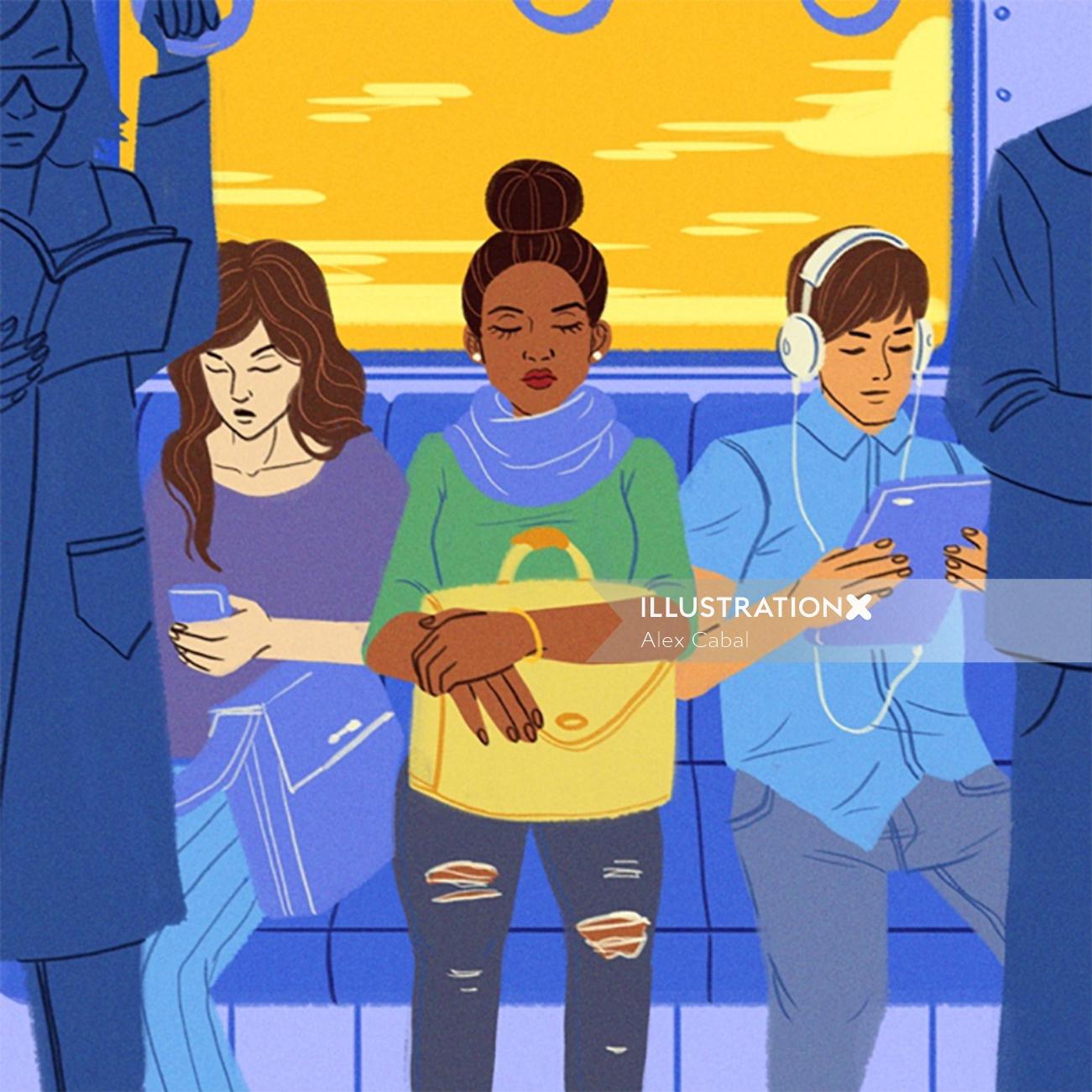Editorial illustration of people in bus
