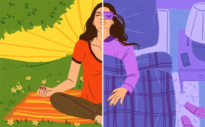 Ilustración editorial de mujer meditando