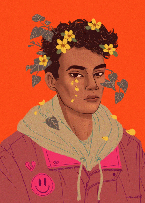 Graphic illustration of boy with flowers
